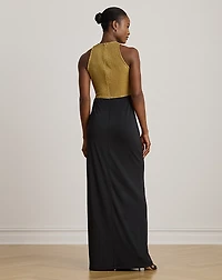 Beaded Mesh & Jersey Tie-Front Gown