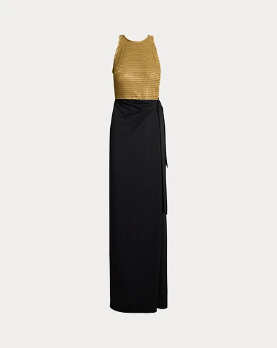 Beaded Mesh & Jersey Tie-Front Gown