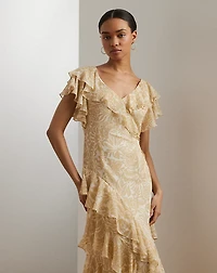 Floral Ruffle-Trim Georgette Gown