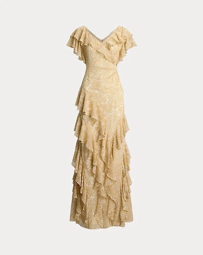 Floral Ruffle-Trim Georgette Gown