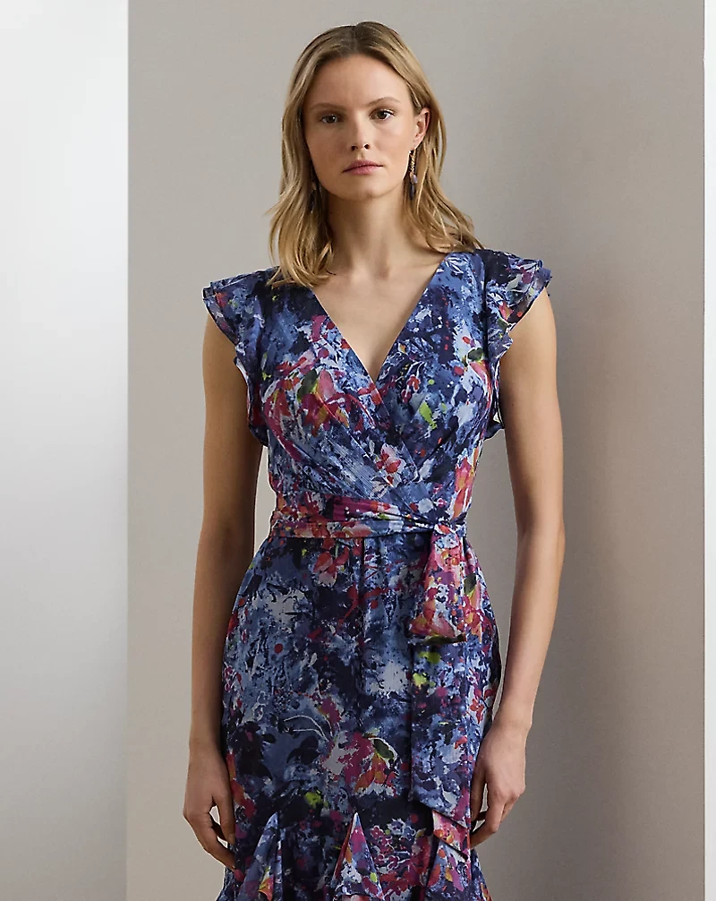 Print Ruffle-Trim Crinkle Georgette Gown