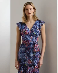 Print Ruffle-Trim Crinkle Georgette Gown