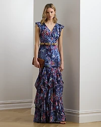 Print Ruffle-Trim Crinkle Georgette Gown