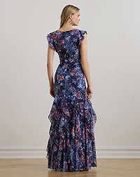 Print Ruffle-Trim Crinkle Georgette Gown