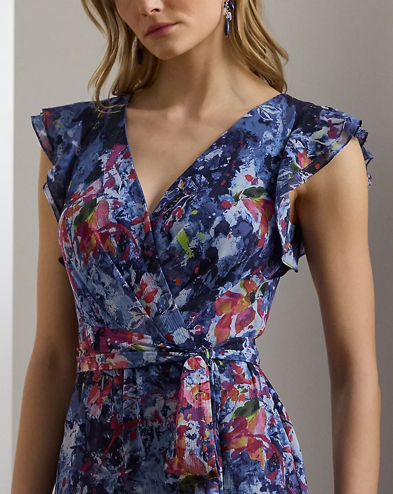 Print Ruffle-Trim Crinkle Georgette Gown