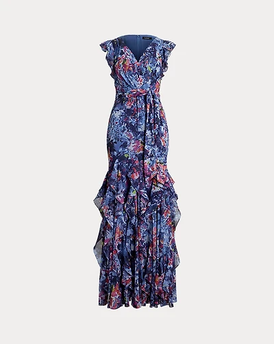 Print Ruffle-Trim Crinkle Georgette Gown