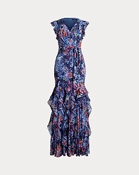 Print Ruffle-Trim Crinkle Georgette Gown