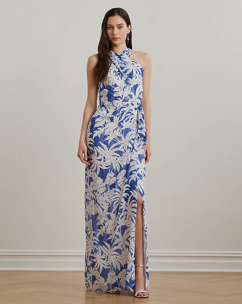 Palm-Frond-Print Georgette Halter Gown