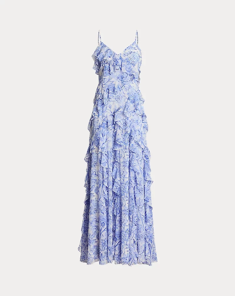 Floral Ruffle-Trim Georgette Gown