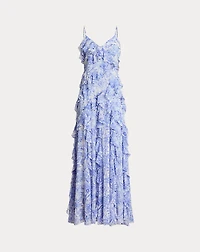 Floral Ruffle-Trim Georgette Gown