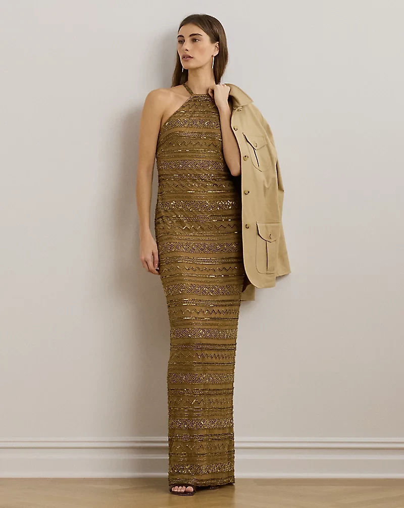 Beaded Mesh Halter Gown