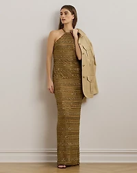 Beaded Mesh Halter Gown
