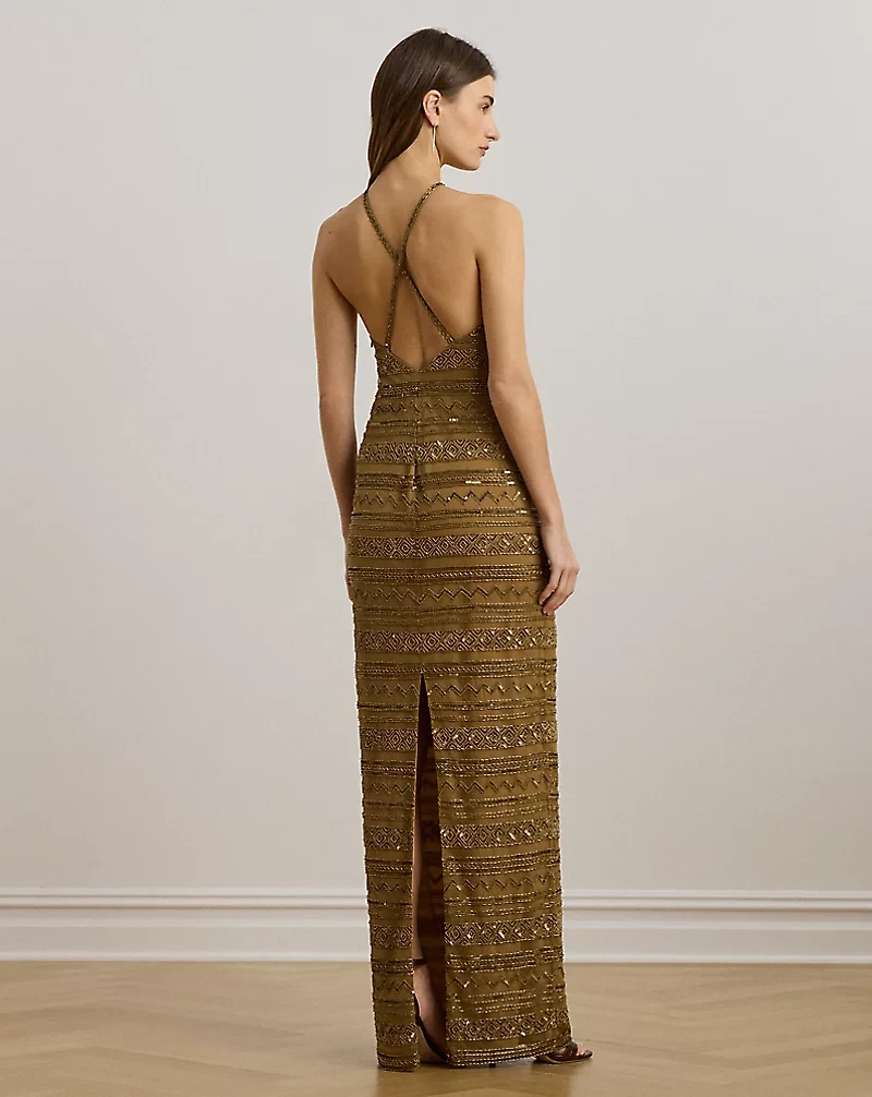 Beaded Mesh Halter Gown