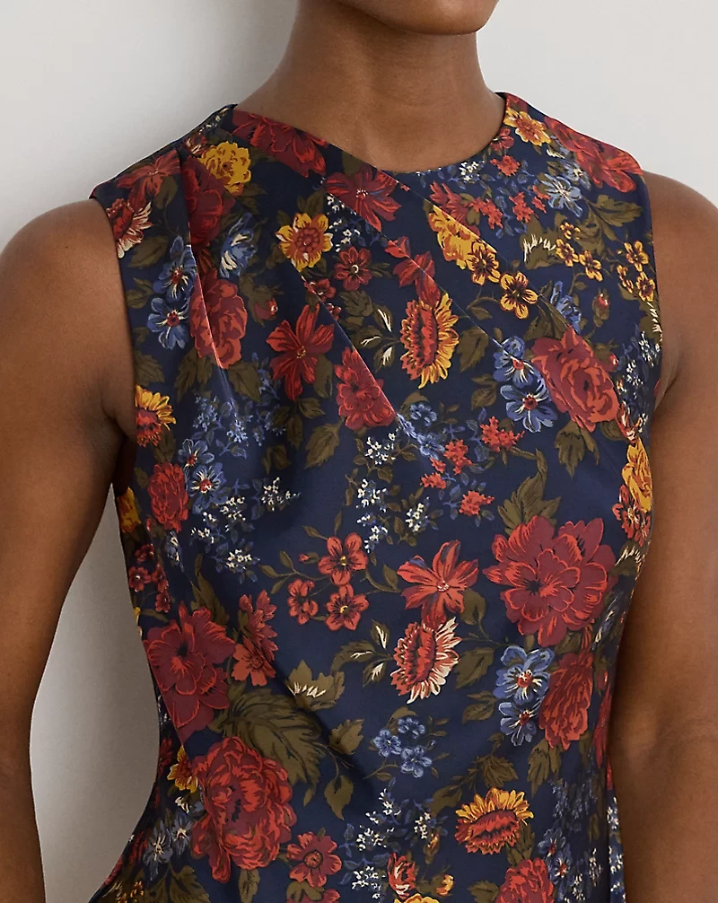 Floral Pleated Charmeuse Cocktail Dress