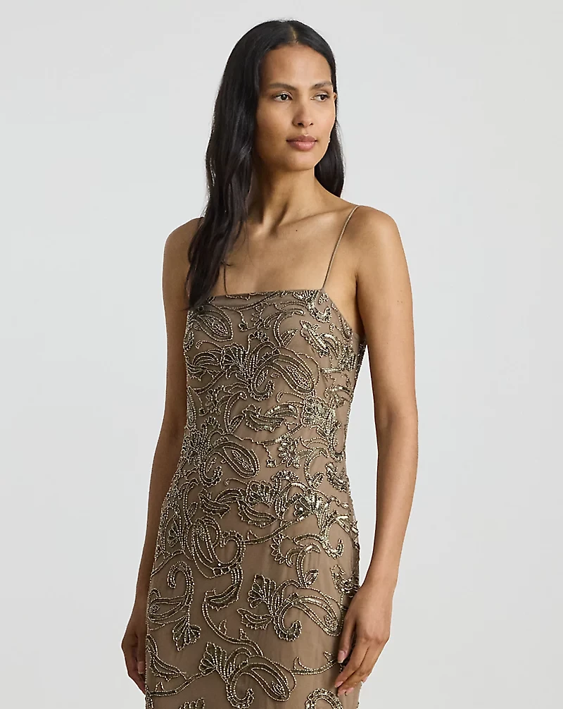 Ruffle-Trim Paisley-Beaded Tulle Gown