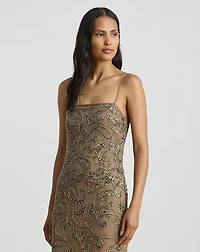 Ruffle-Trim Paisley-Beaded Tulle Gown