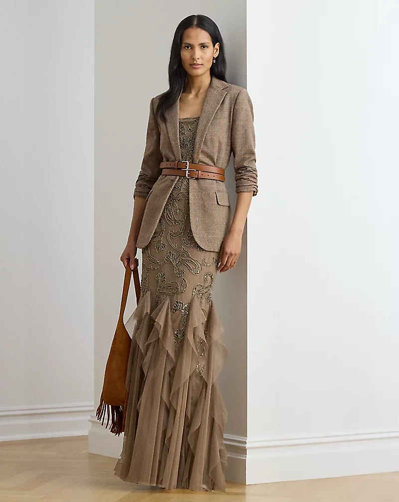 Ruffle-Trim Paisley-Beaded Tulle Gown