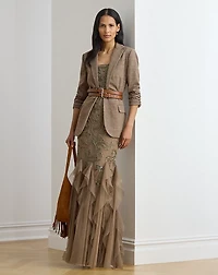 Ruffle-Trim Paisley-Beaded Tulle Gown