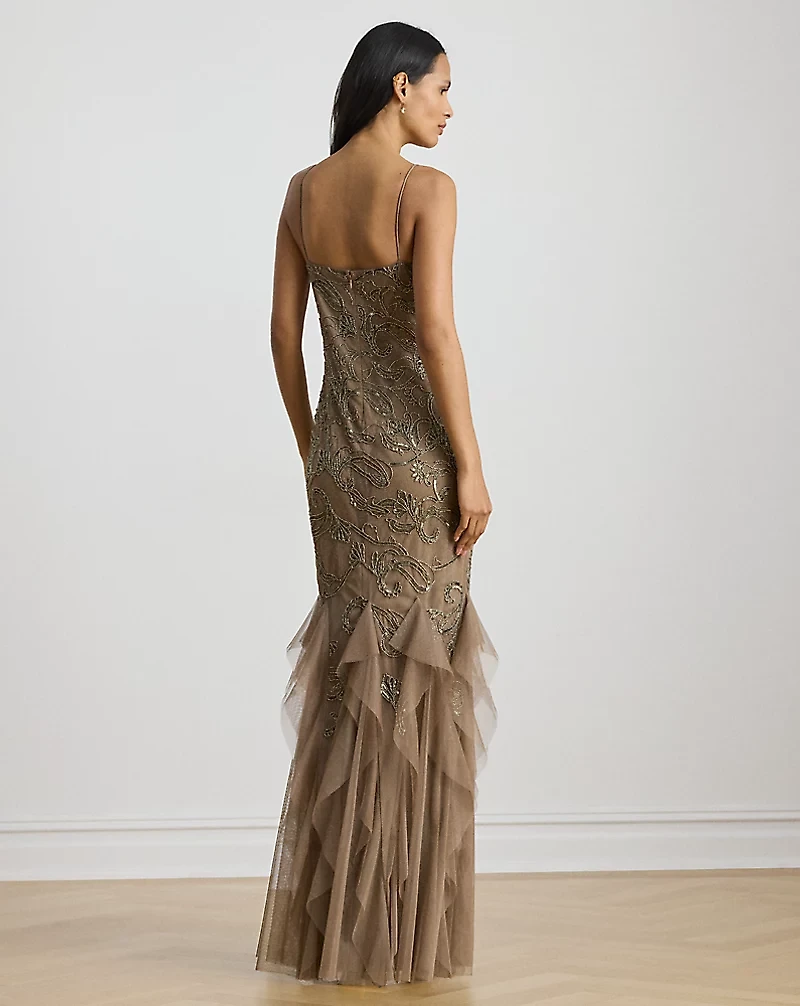 Ruffle-Trim Paisley-Beaded Tulle Gown
