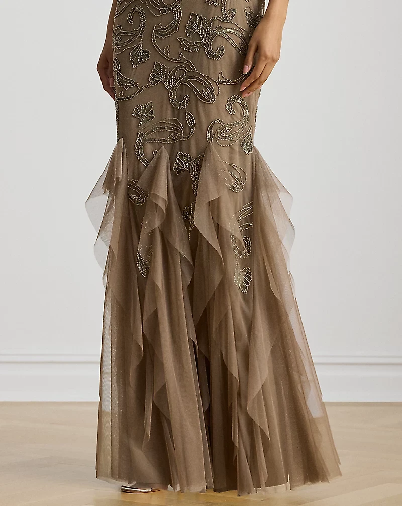 Ruffle-Trim Paisley-Beaded Tulle Gown