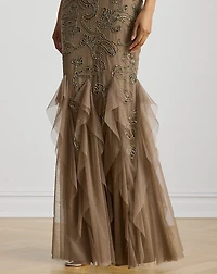 Ruffle-Trim Paisley-Beaded Tulle Gown