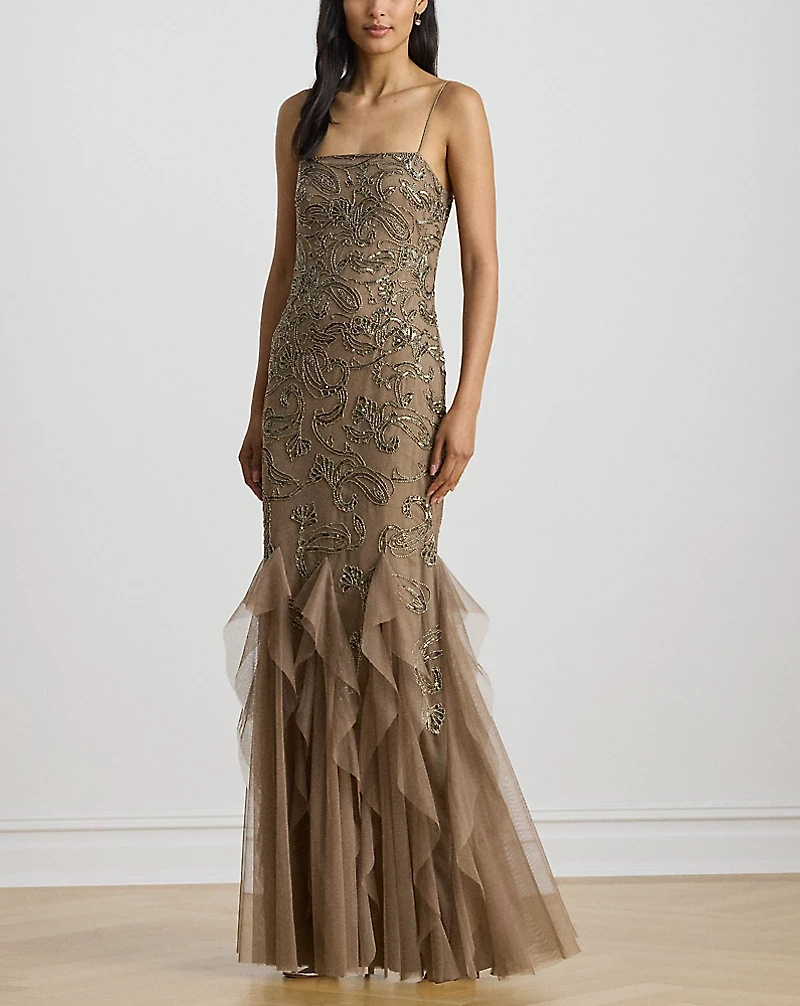 Ruffle-Trim Paisley-Beaded Tulle Gown