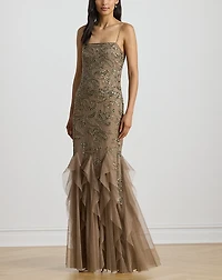 Ruffle-Trim Paisley-Beaded Tulle Gown