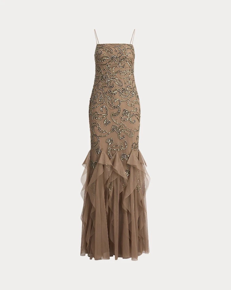 Ruffle-Trim Paisley-Beaded Tulle Gown