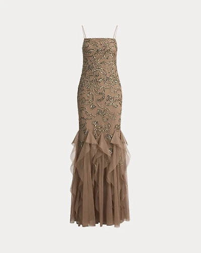 Ruffle-Trim Paisley-Beaded Tulle Gown