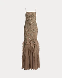Ruffle-Trim Paisley-Beaded Tulle Gown