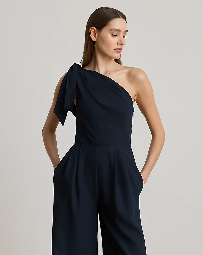 Bow-Trim Crepe One-Shoulder Jumpsuit