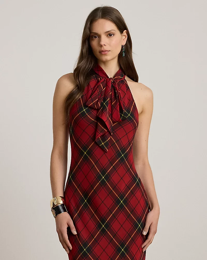 Plaid Georgette Tiered Tie-Neck Gown