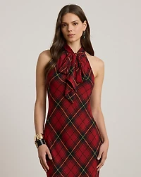Plaid Georgette Tiered Tie-Neck Gown