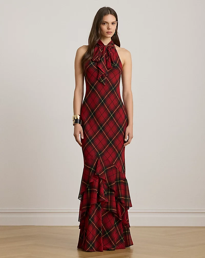 Plaid Georgette Tiered Tie-Neck Gown