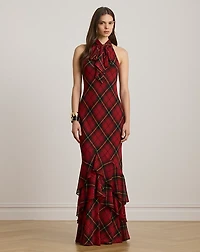 Plaid Georgette Tiered Tie-Neck Gown