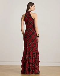 Plaid Georgette Tiered Tie-Neck Gown