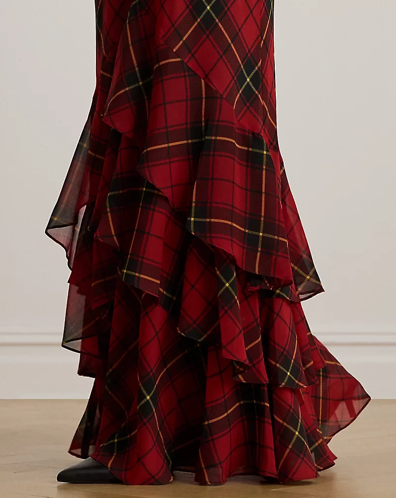 Plaid Georgette Tiered Tie-Neck Gown
