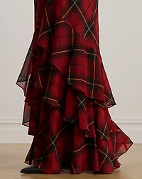 Plaid Georgette Tiered Tie-Neck Gown