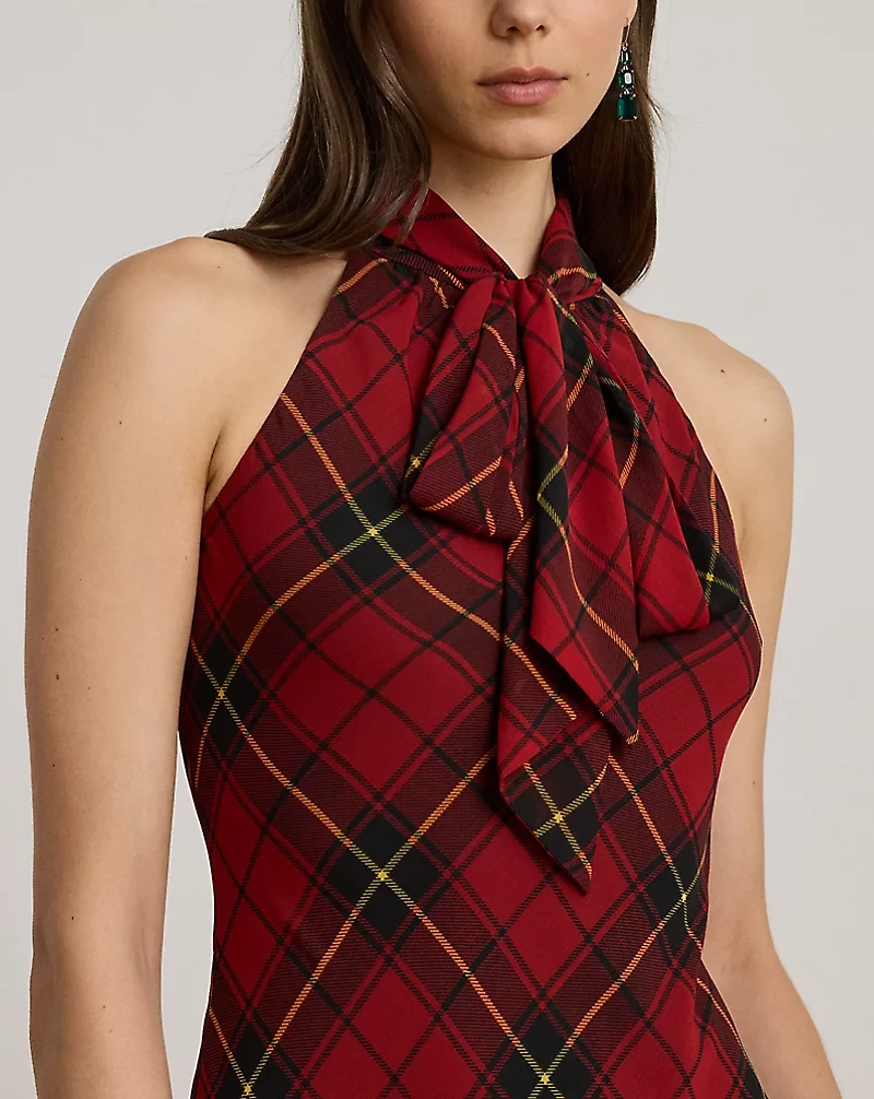 Plaid Georgette Tiered Tie-Neck Gown