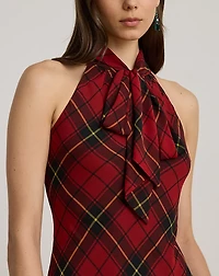 Plaid Georgette Tiered Tie-Neck Gown