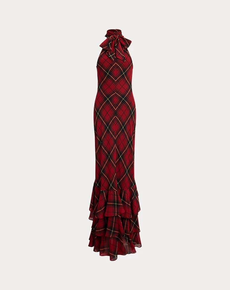 Plaid Georgette Tiered Tie-Neck Gown