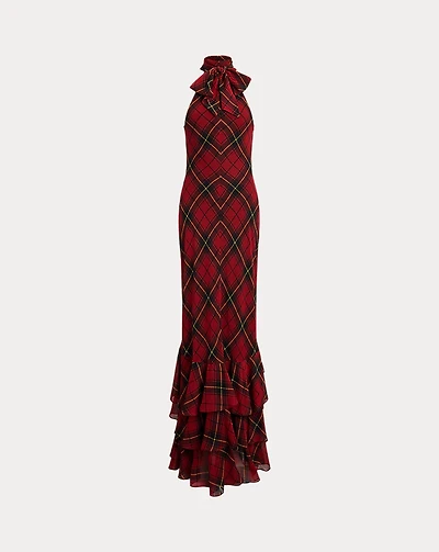 Plaid Georgette Tiered Tie-Neck Gown