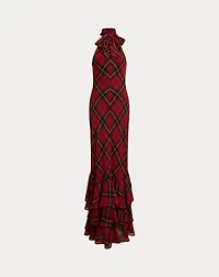 Plaid Georgette Tiered Tie-Neck Gown