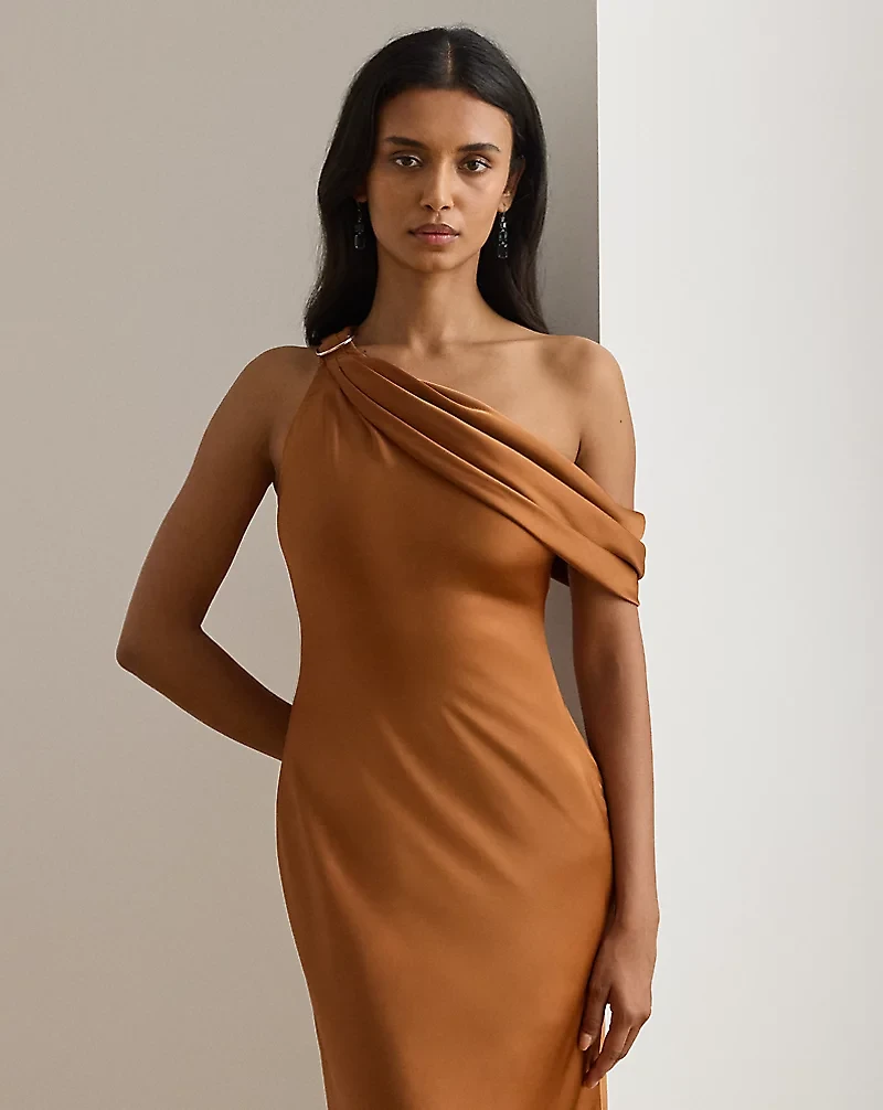 Buckle-Trim Satin Off-the-Shoulder Gown