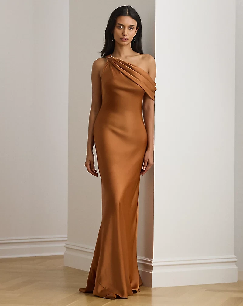 Buckle-Trim Satin Off-the-Shoulder Gown