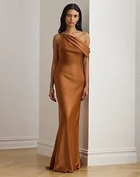 Buckle-Trim Satin Off-the-Shoulder Gown