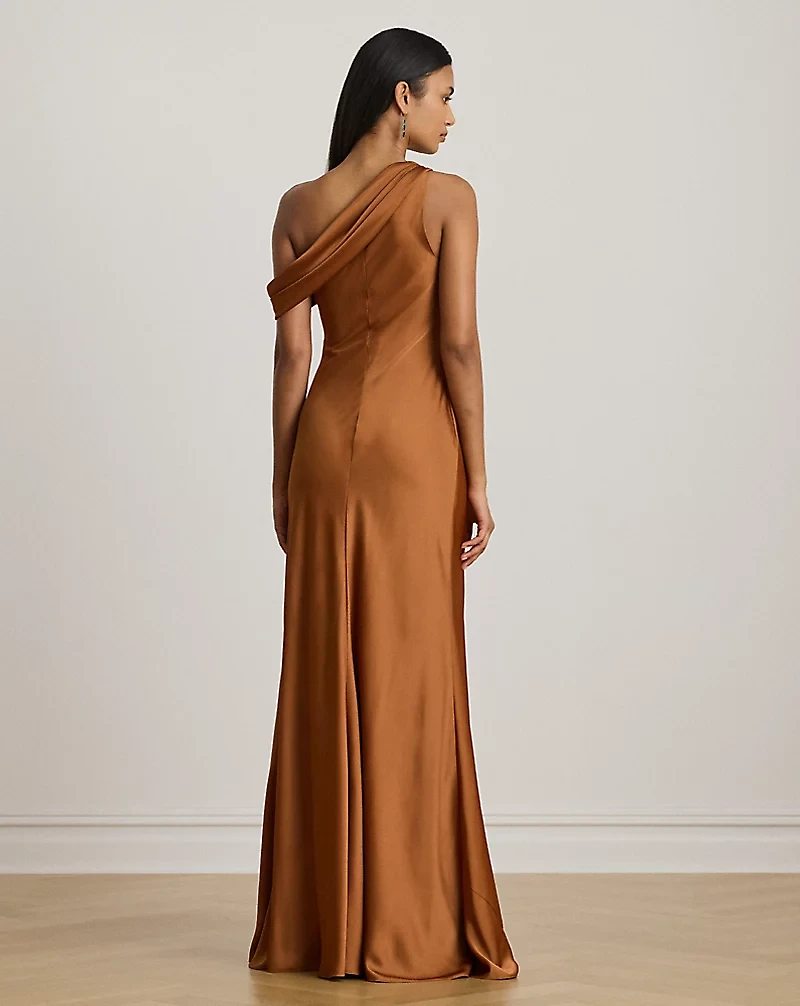 Buckle-Trim Satin Off-the-Shoulder Gown