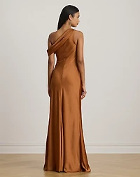 Buckle-Trim Satin Off-the-Shoulder Gown