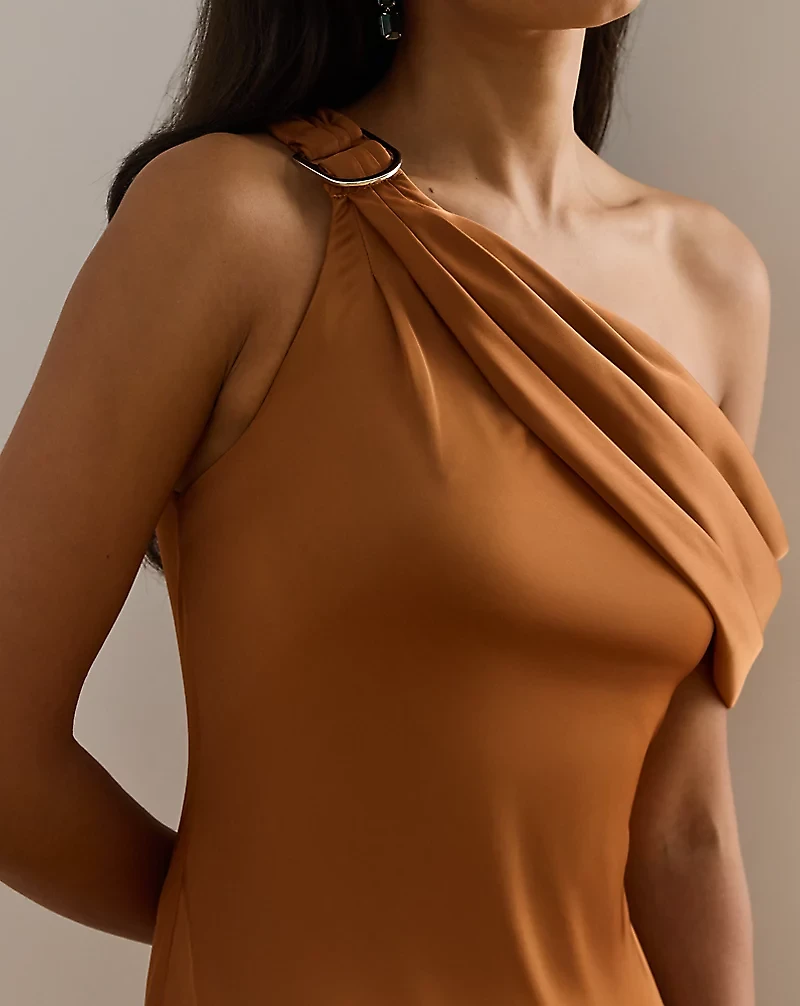 Buckle-Trim Satin Off-the-Shoulder Gown