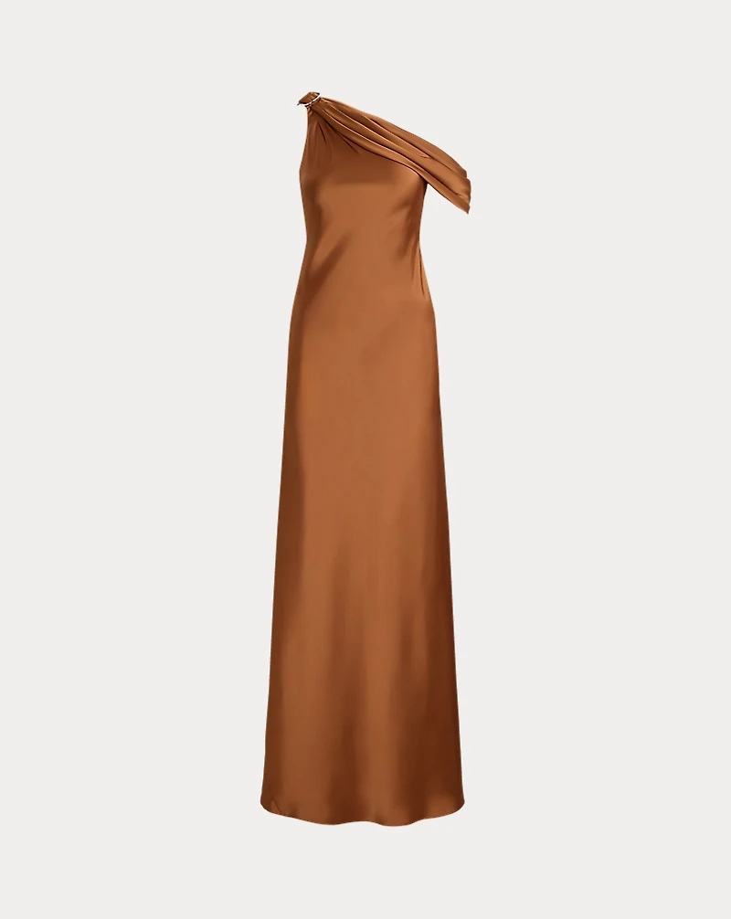 Buckle-Trim Satin Off-the-Shoulder Gown